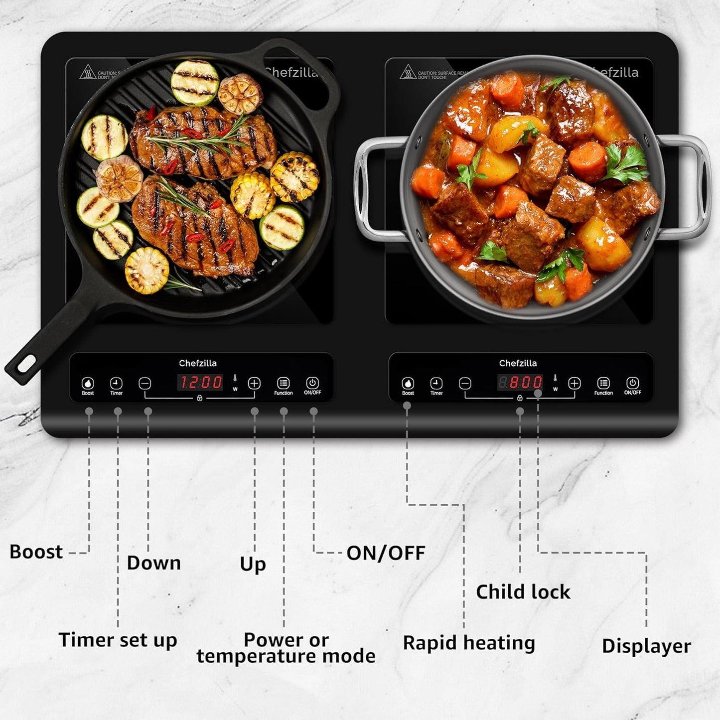 Induction Cooktop 2 Burner, 1800W Double Induction Cooktop with 10 Power & Temp Settings, Dual Induction Burner with Booster Function and 4-Hour Timer, Electric Induction Stove with Child Safety Lock