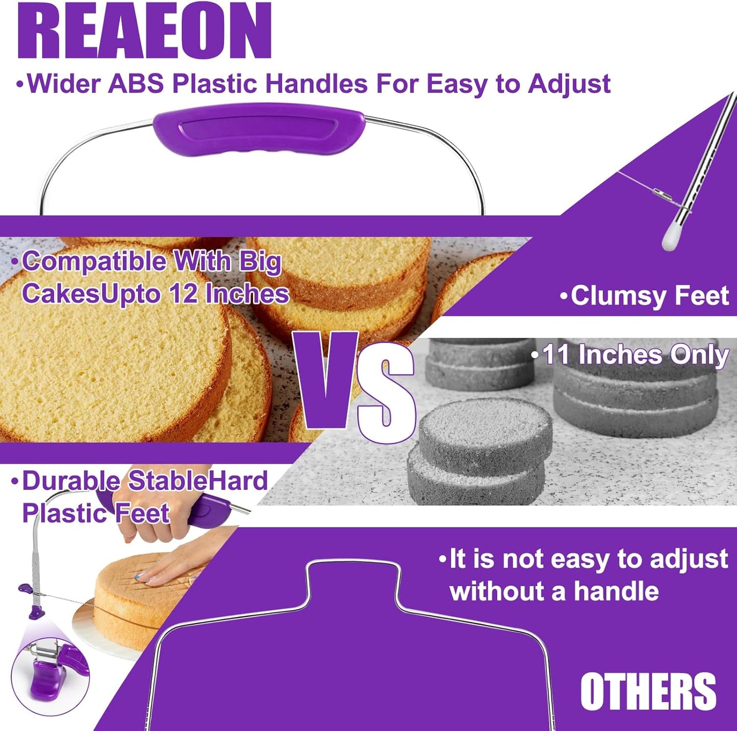 Adjustable Cake Leveler Cutter, Baking Supplies Tool for Kitchen, Professional Large Size Cake Cutter Slicer for Leveling, Single Stainless Steel Wire and Plastic Handle (Purple, 1pc)