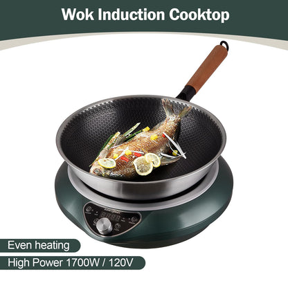 Abangdun Wok Induction Cooktop 1700W 120V Wok Burner Induction Curved Electric Stove Hot Plate Round Bottom Frying Wok Evenly