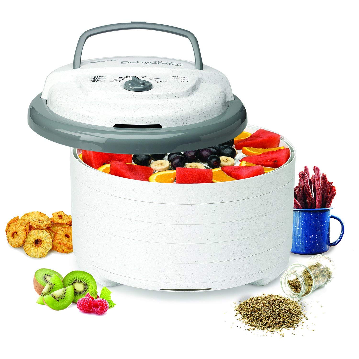 Дегідратор для харчових продуктів NESCO FD-75A Snackmaster Pro, для снеків, фруктів, в'яленої яловичини, сірого кольору