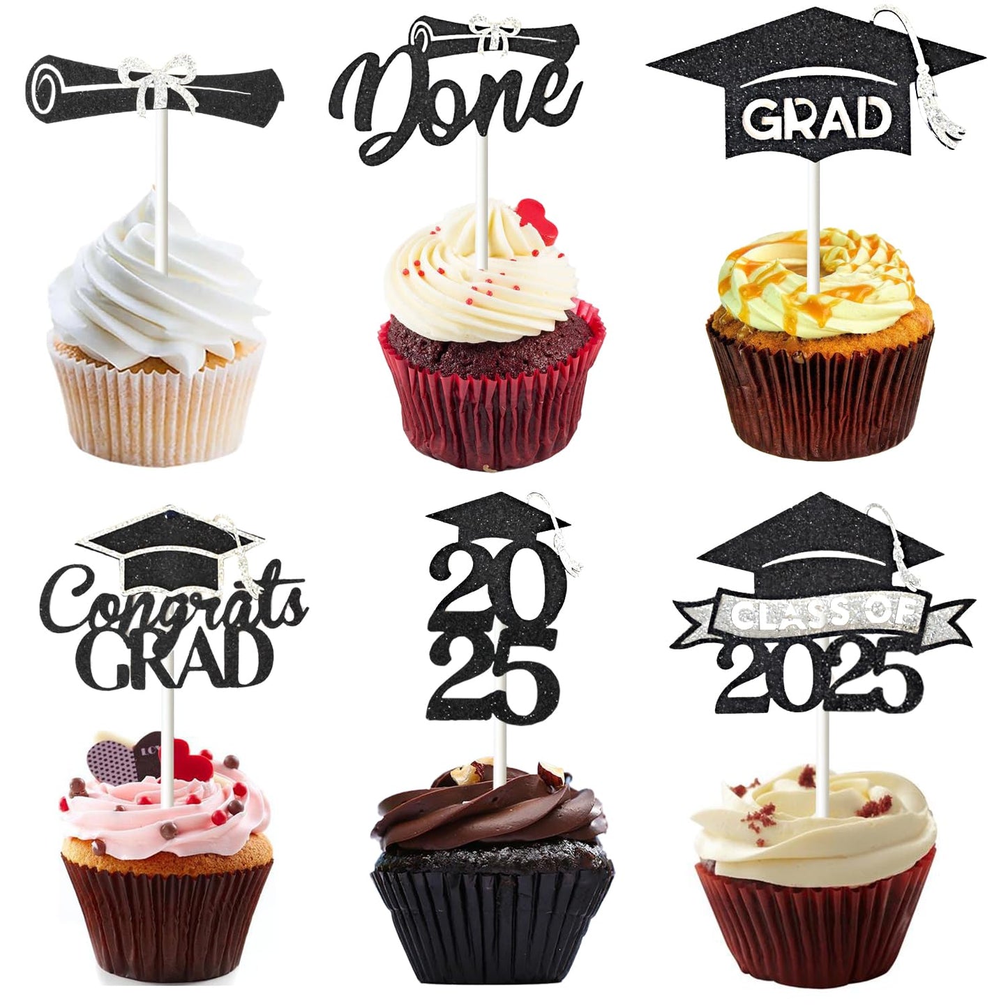 24 Pack 2025 Congrats Grad Cupcake Toppers Set, Glitter Graduation Cupcake Decor, Class of Cupcake Picks for Senior High School College Grad Party Decorations Supplies(Black with Gold) A