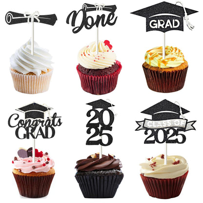 24 Pack 2025 Congrats Grad Cupcake Toppers Set, Glitter Graduation Cupcake Decor, Class of Cupcake Picks for Senior High School College Grad Party Decorations Supplies(Black with Gold) A