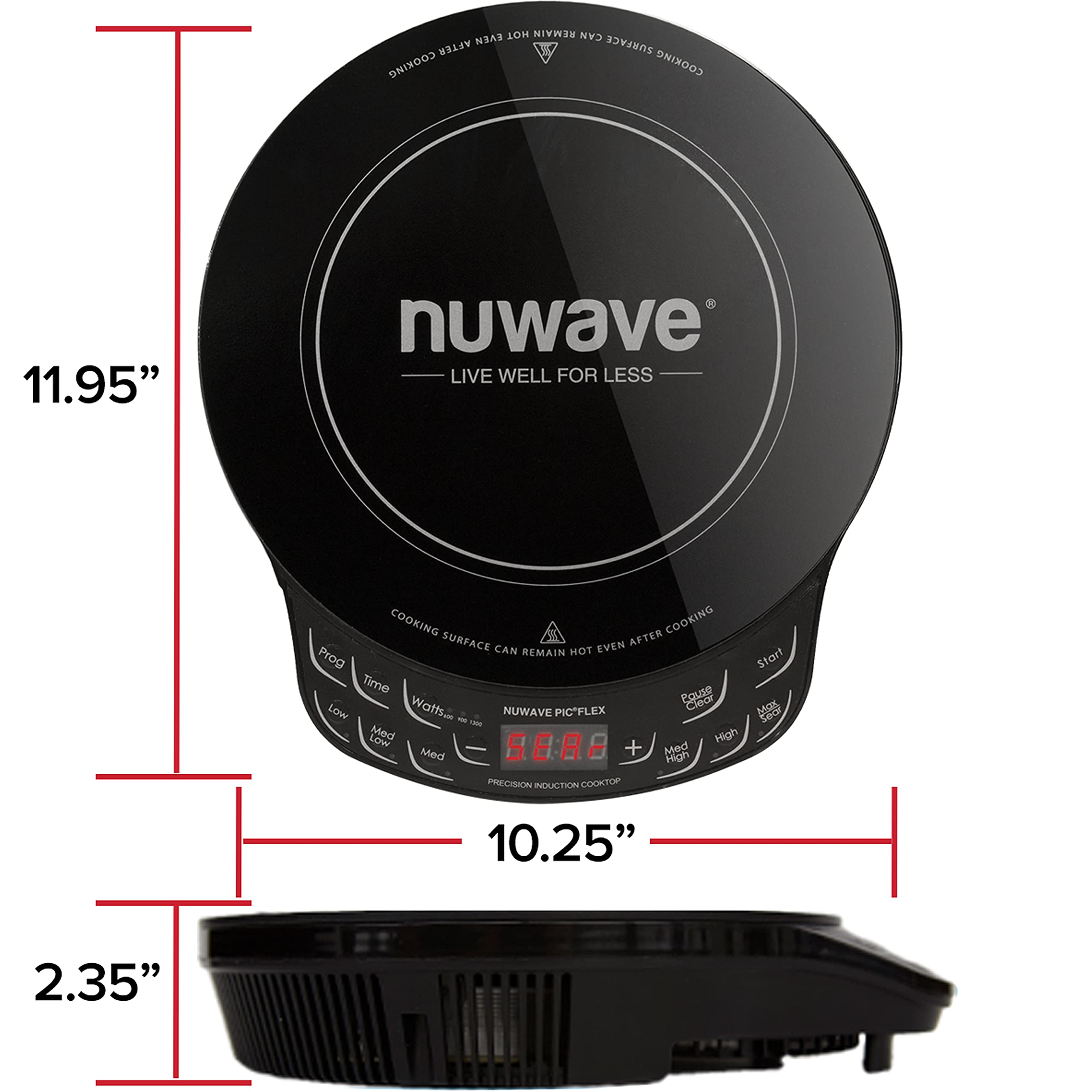 Kuchenka indukcyjna Nuwave Flex Precision, 10,25” szkło ceramiczne odporne na stłuczenie, 6,5” grzałka, 45 temperatur od 100°F do 500°F, 3 ustawienia mocy 600, 900 i 1300 watów, czarna (odnowiona)