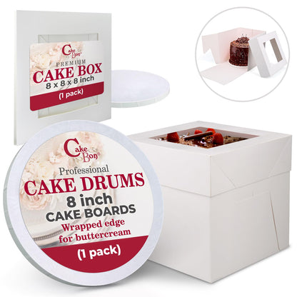 Cakebon Cake Boxes with Boards - 10 Inch Round Cake Drum White (1-pack) - Box With Window for Birthdays, Weddings and Parties