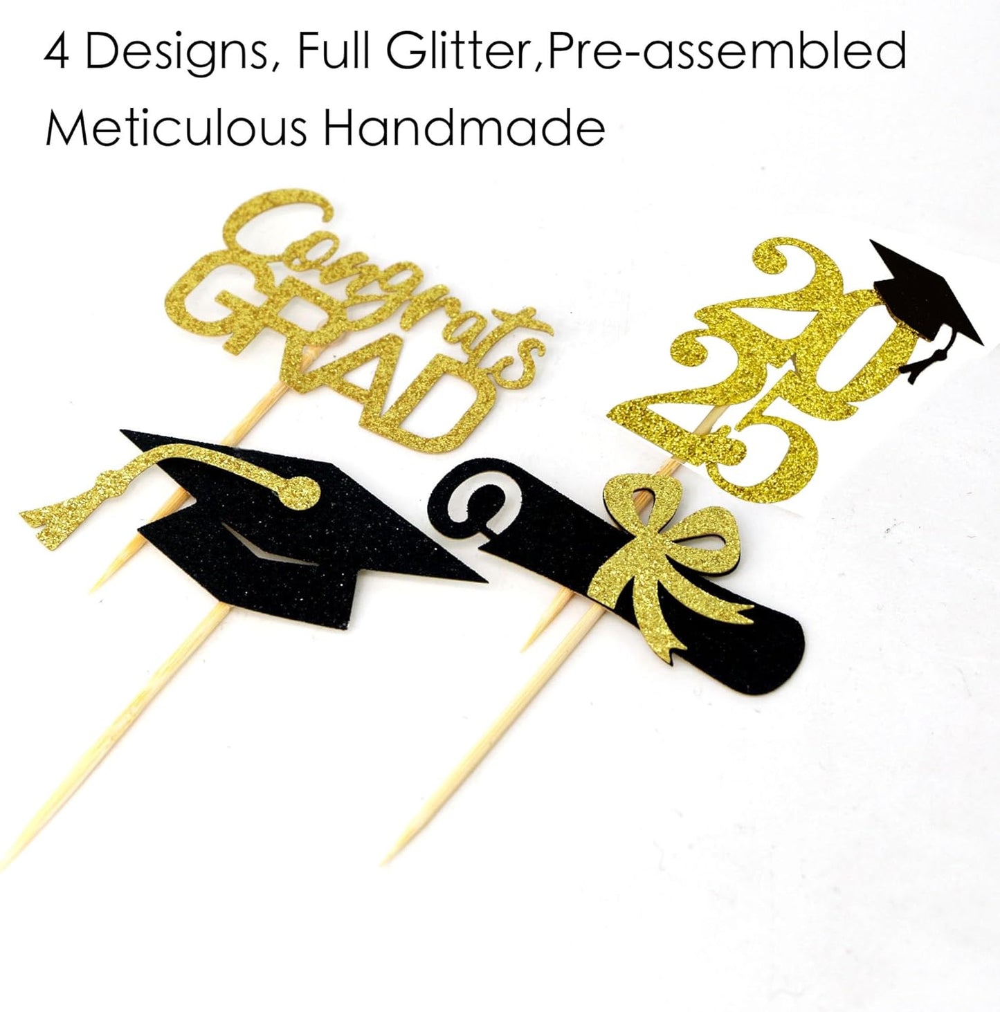 Graduation Cupcake Toppers Decorations Party Supplies, 24 PCS Food/Appetizer Picks For Class of 2025 Mini Cake Decorations, Diploma, Grad Cap Set 24 Pieces (Gold)