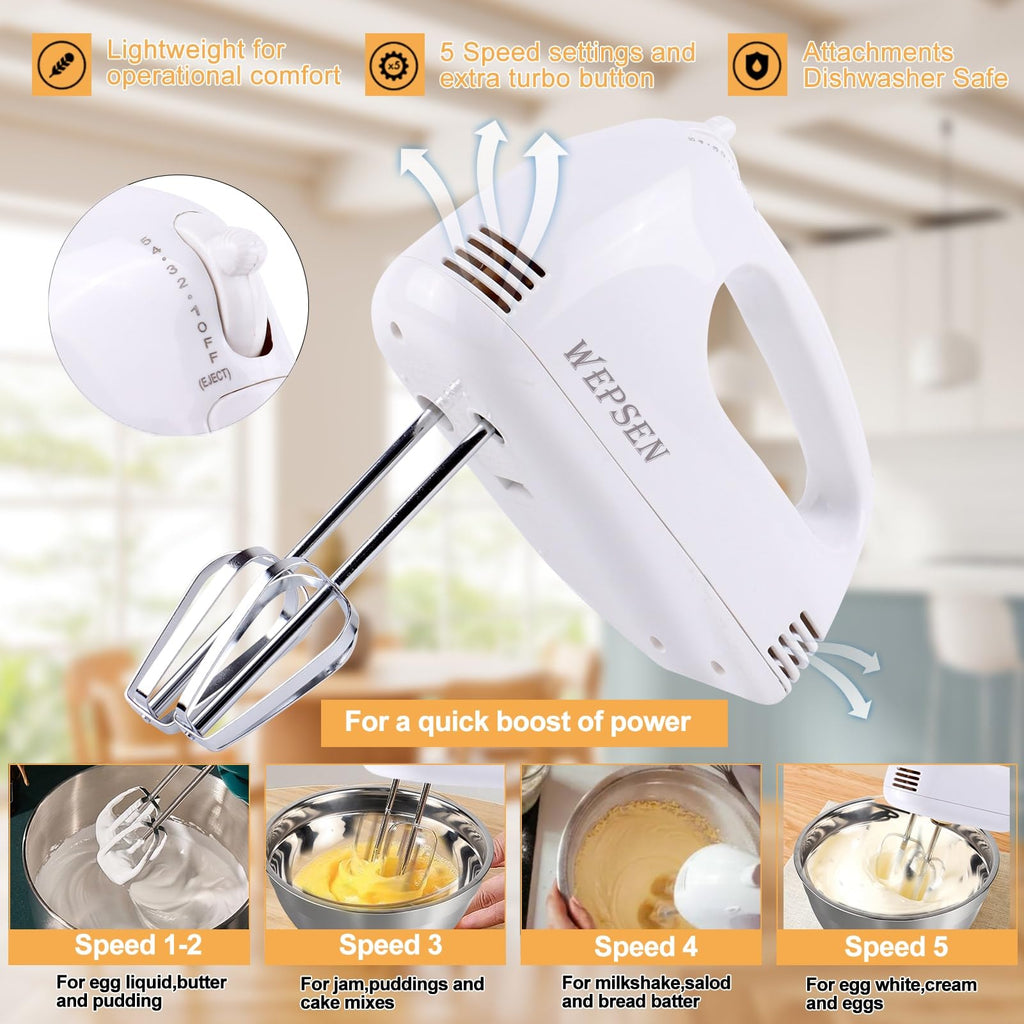 WEPSEN Hand Mixer Electric Mixing Bowls Set, 5 Speeds Handheld Mixer with 4 Nesting Stainless Steel Mixing Bowl, Measuring Cups Spoons 200W Kitchen Blender Whisk Beater Baking Supplies For Beginner