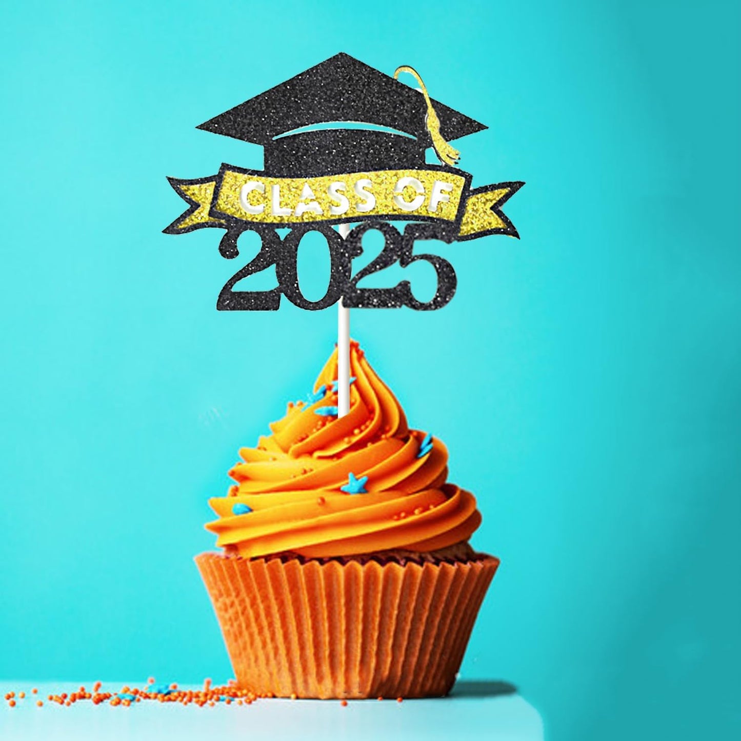 24 Pack 2025 Congrats Grad Cupcake Toppers Set, Glitter Graduation Cupcake Decor, Class of Cupcake Picks for Senior High School College Grad Party Decorations Supplies(Black with Gold) A