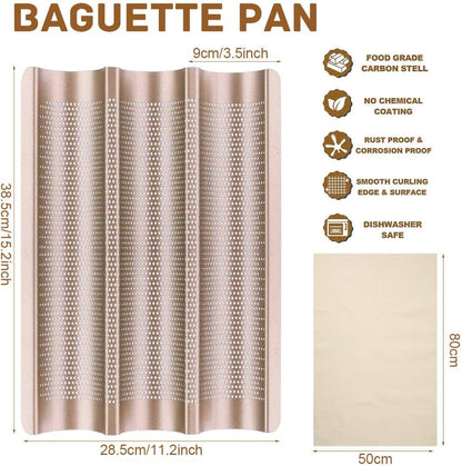 Baguette Pan, French Bread Baking Pan Perforated 3 Loaves Long Italian Bread Pan Mold Nonstick Baguettes Bakery Tray with Proofing Cloth,15"x11"