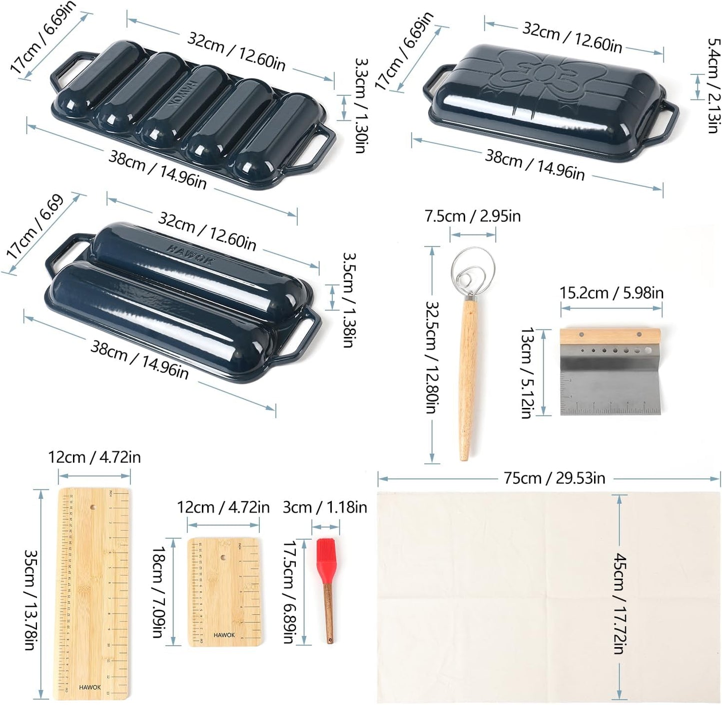 HAWOK Enameled Cast Iron French Baguette Baker, Hot Dog Bake Tray, Baguette Pan with Handles and Lid, Navy Blue