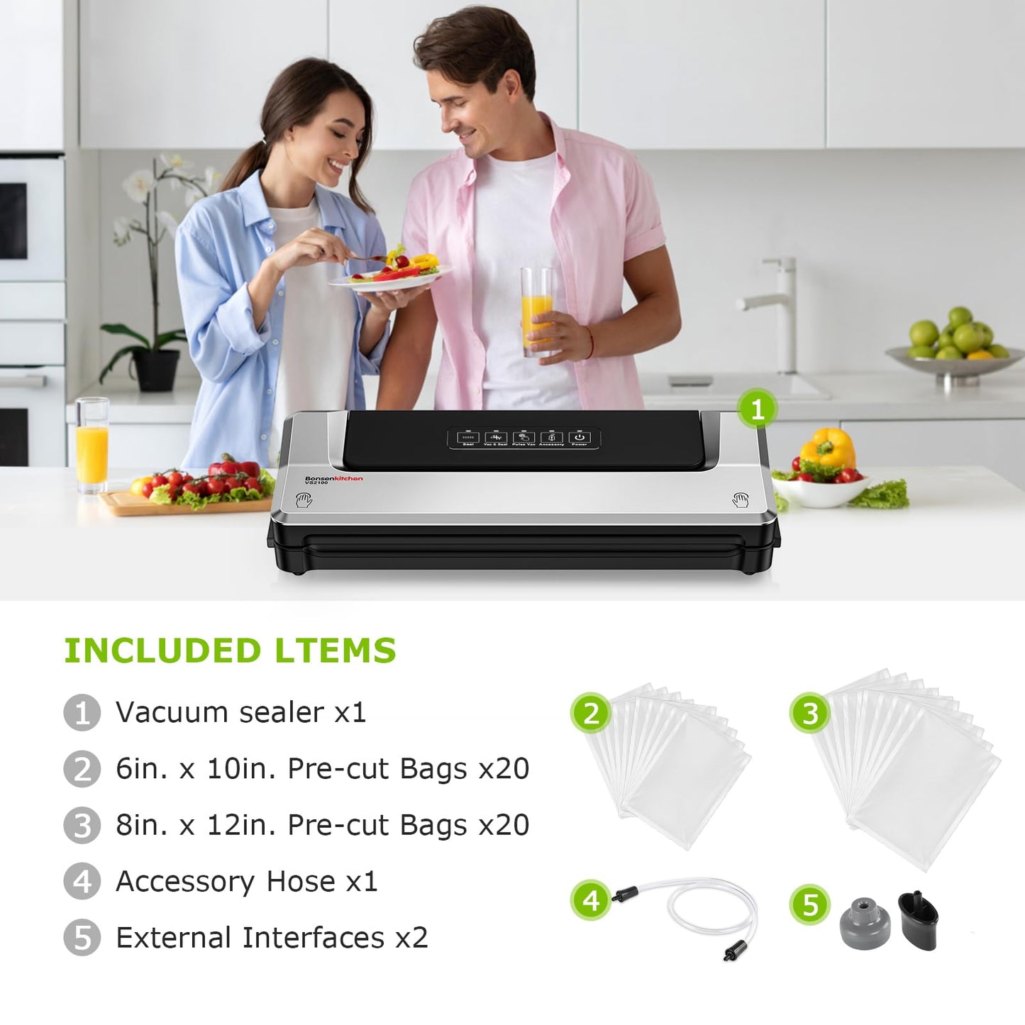 [Updated 2025] Bonsenkitchen Vacuum Sealer Machine + 40 Vacuum Bags, Fast-Compact/Multi-Functional Food Vacuum Sealer with External Vacuum System, Silver