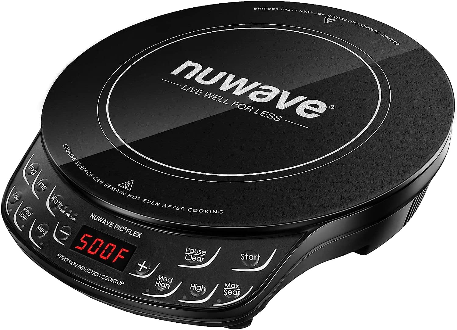 Kuchenka indukcyjna Nuwave Flex Precision, 10,25” szkło ceramiczne odporne na stłuczenie, 6,5” grzałka, 45 temperatur od 100°F do 500°F, 3 ustawienia mocy 600, 900 i 1300 watów, czarna (odnowiona)