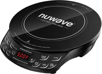 Nuwave Flex Precision Induction Cooktop, 10.25” Shatter-Proof Ceramic Glass, 6.5” Heating Coil, 45 Temps from 100°F to 500°F, 3 Wattage Settings 600, 900 & 1300 Watts, Black (Renewed)