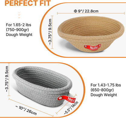 Banneton Bread Proofing Basket Set - Oval & Round Sourdough Proofing Baskets - Sourdough Proofing Bowls Bread Baking Supplies With Liner & Cloth Cover - Cotton Rope Banneton Basket for Baking