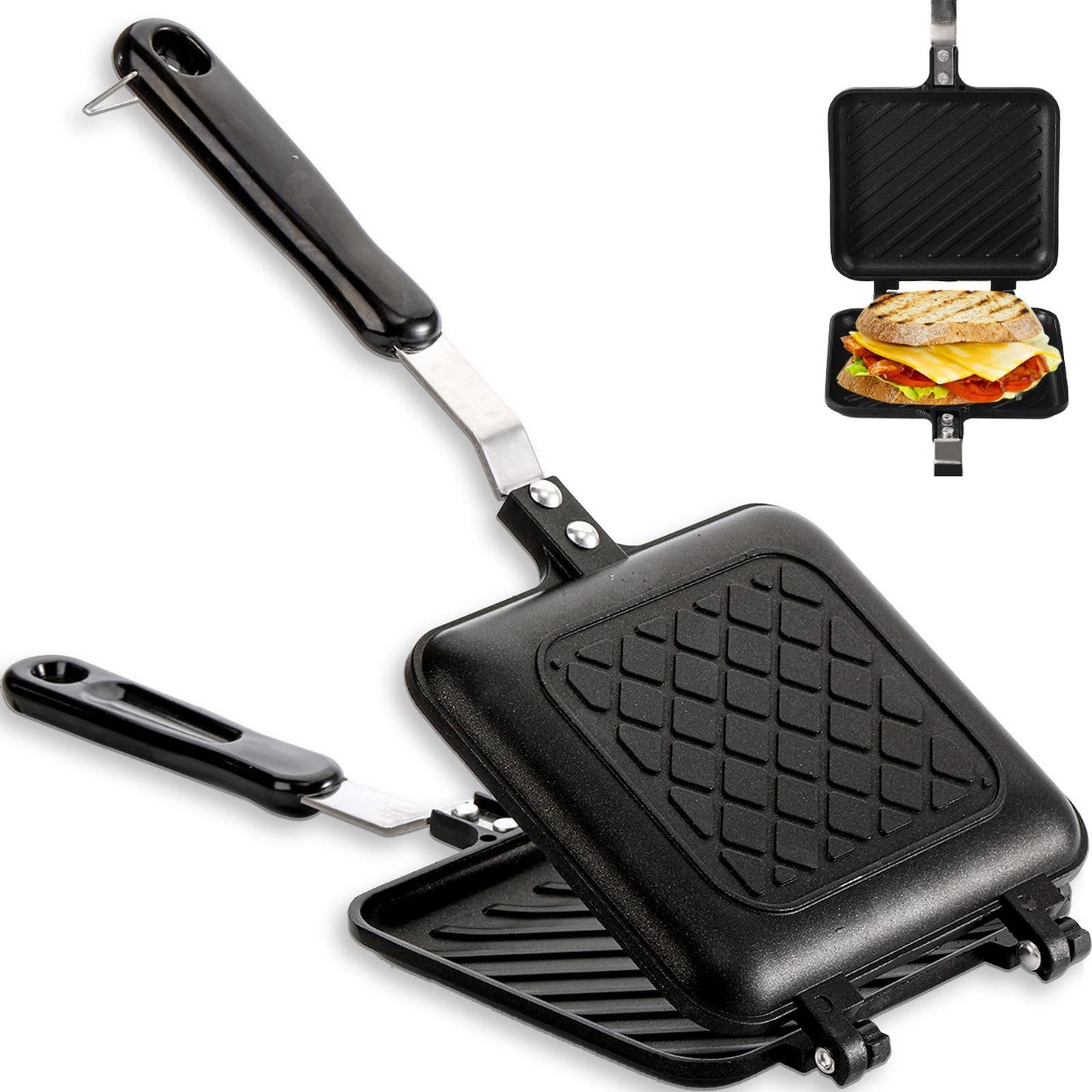 ZOOFOX Sandwich Maker, Grilled Sandwich and Panini Maker Pan with Non-Stick Plates, Stovetop Toasted Sandwich Maker Aluminum Flip Pan for Home Kitchen, 5.9" L x 14.2" H