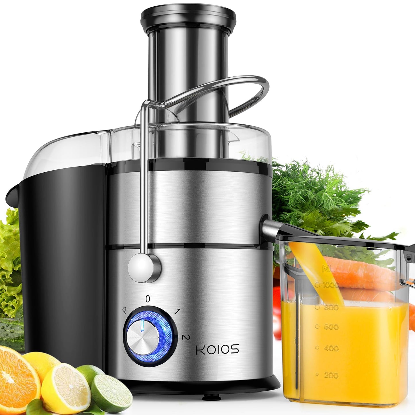 1300W KOIOS Centrifugal Juicer Machines, Juice Extractor with Extra Large 3inch Feed Chute, Full Copper Motor, Titanium-Plated Filter, High Juice Yield, 3 Speeds Mode,Easy to Clean with Brush,BPA-Free