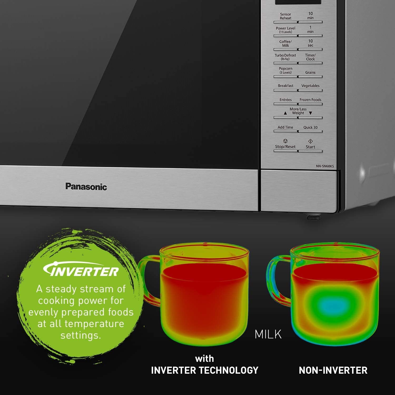 Panasonic NN-SN68KS Kompaktowy Kuchenka Mikrofalowa o Mocy 1200 W, Gotowanie z Czujnikiem, Przycisk Popcornu, Szybkie 30 Sekund i Turbo Rozmrażanie, 1.2 cu.ft, Stal Nierdzewna