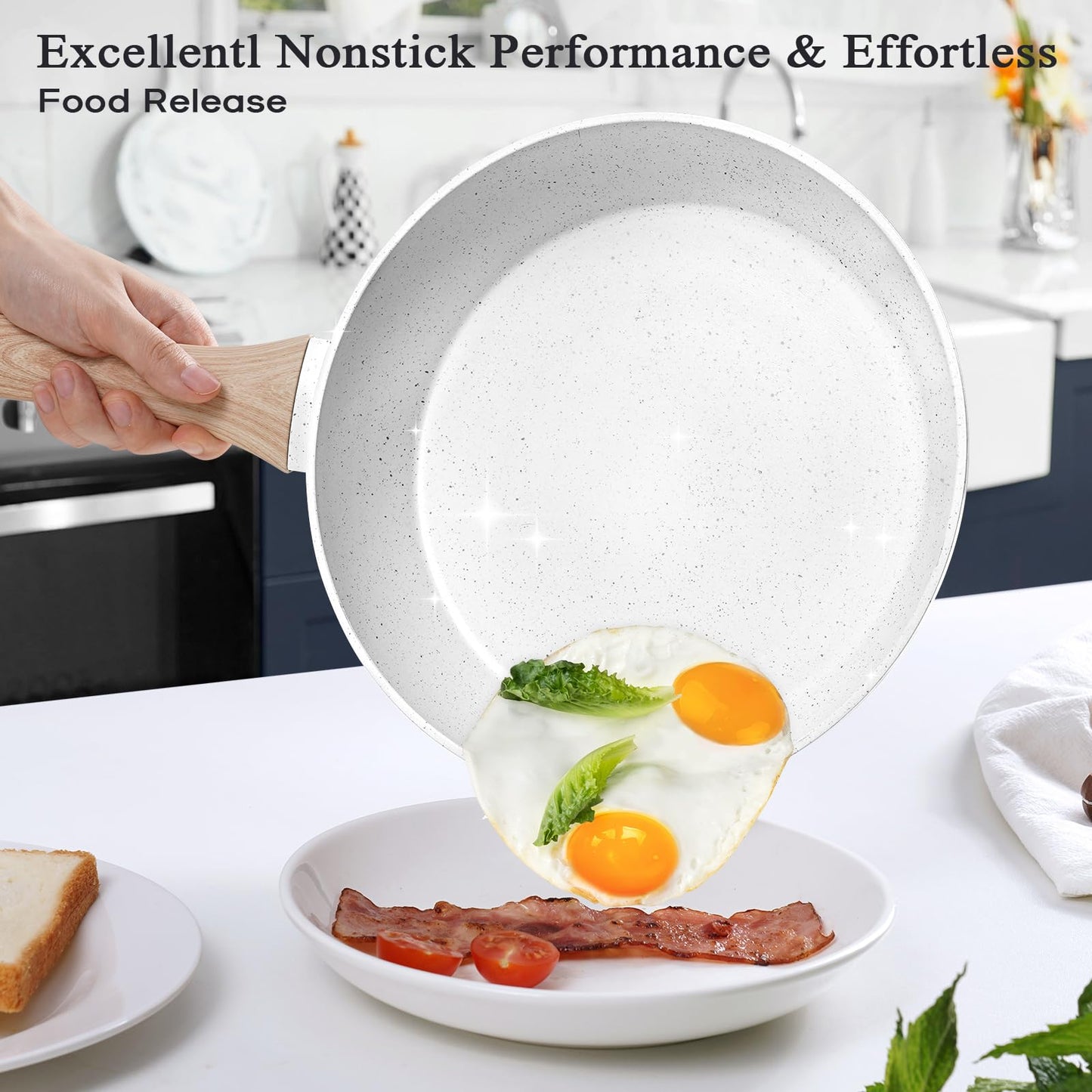 SODAY 13 Pcs Pots and Pans Set Non Stick Kitchen Cookware Sets Nonstick Induction Cookware Non-toxic White Granite Cooking Tools with Stay-Cool Handles, Silicone Tools (PFOS/PFOA Free)