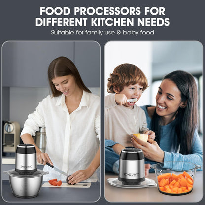 Food Processors, Mini Meat Grinder & Veggie Chopper with 2 Bowls (8 Cup+8 Cup), Electric Food Chopper with 2 Sets of Bi-Level Blades for Meat, Vegetables, Fruits and Nuts