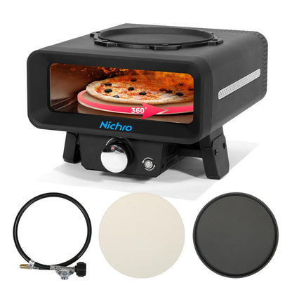 2-in-1 Gas Pizza Oven with Frying & Baking Functions - 12 Inch, Outdoor Pizza Oven with Auto-Rotating Stone and Frying Pan, Propane-Powered