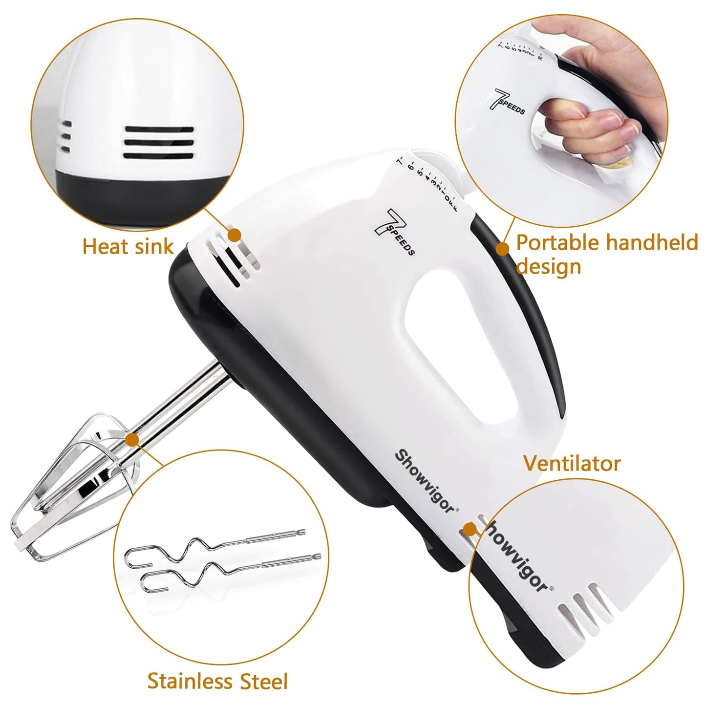 Showvigor Handmixer Electric Handheld - 7 Speed Portable Kitchen Mixer Electric with 5 Stainless Steel Accessories Whisk, Food Beater for Whipping Mixing Cookies Cakes Eggs Dough