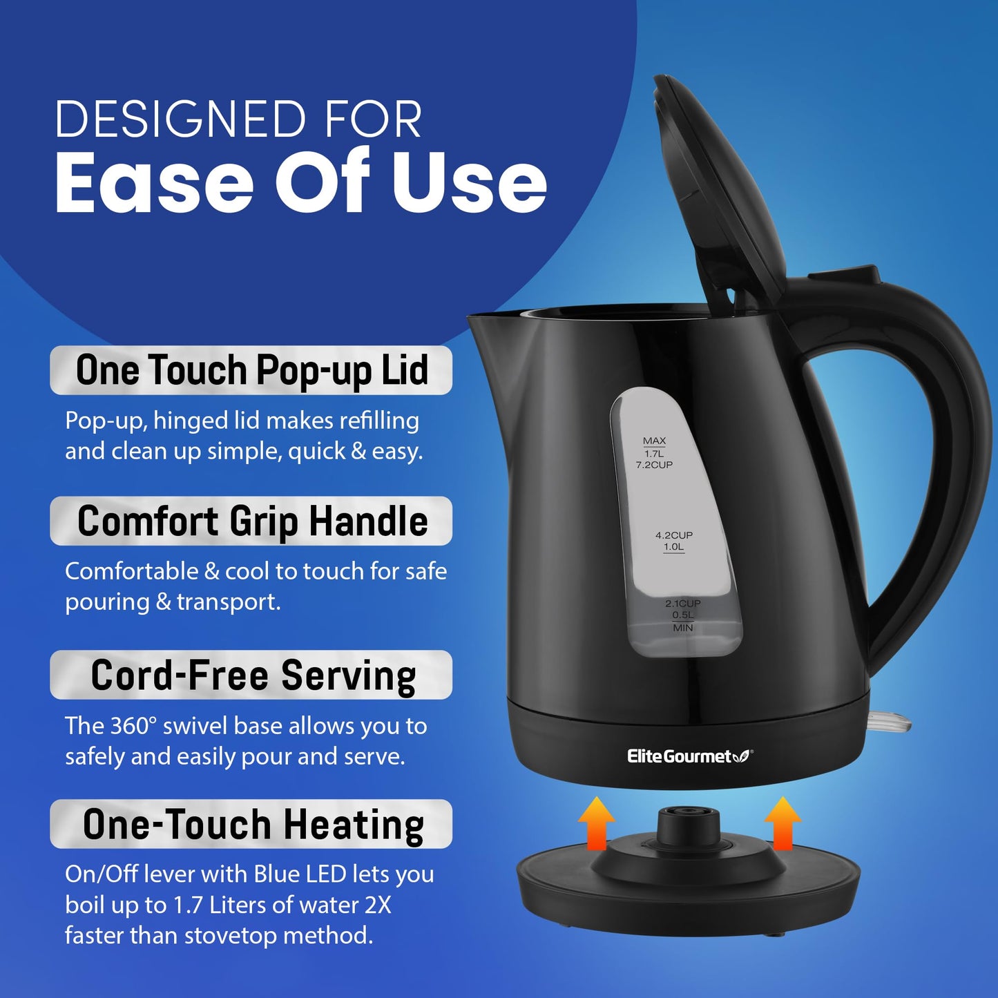 Elite Gourmet EKT8690 1.7L Electric Tea Kettle 1500W Hot Water Heater Boiler BPA-Free, Fast Boil, Water Level Window and Auto Shut-Off, Black