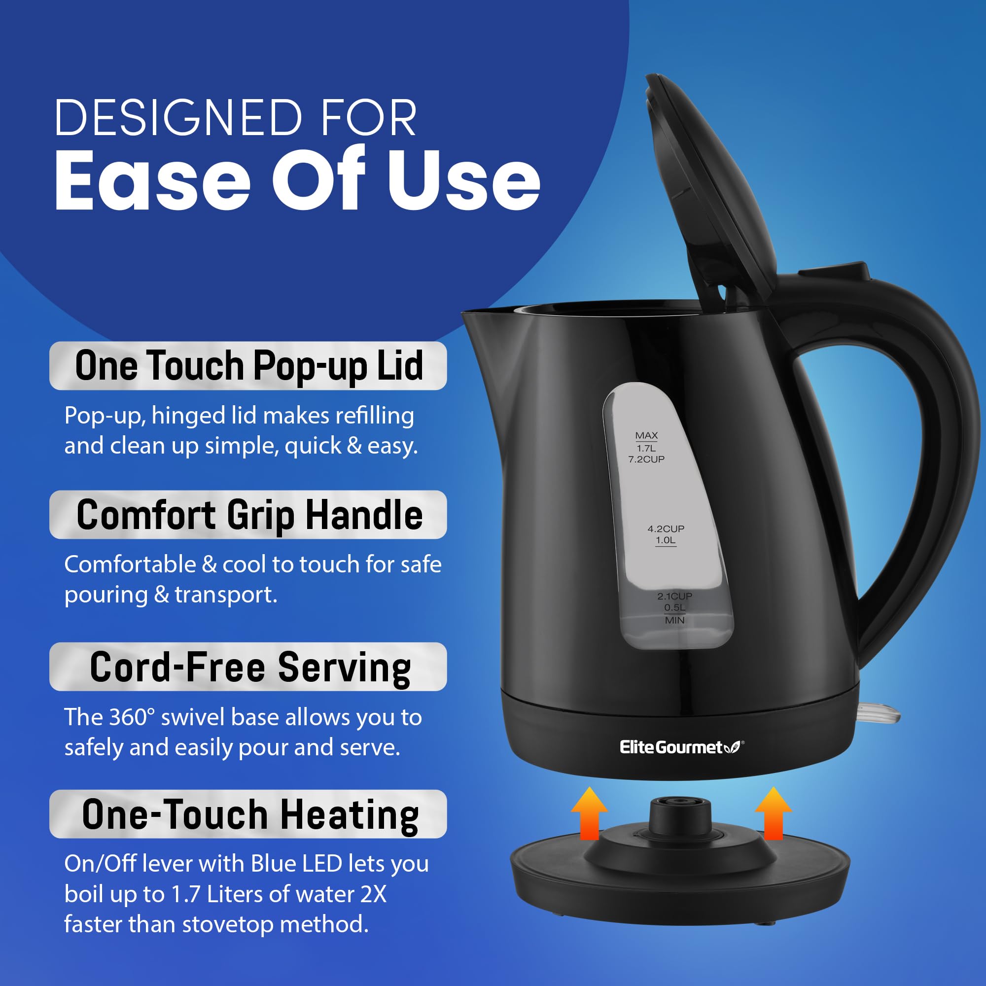 Elite Gourmet EKT8690 1.7L Electric Tea Kettle 1500W Hot Water Heater Boiler BPA-Free, Fast Boil, Water Level Window and Auto Shut-Off, Black