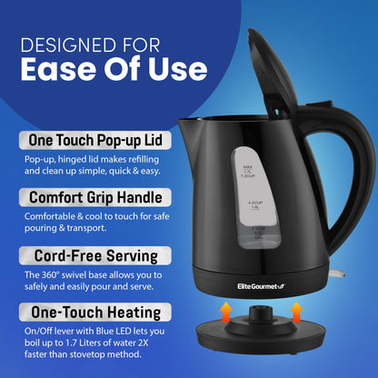 Elite Gourmet EKT8690 1.7L Electric Tea Kettle 1500W Hot Water Heater Boiler BPA-Free, Fast Boil, Water Level Window and Auto Shut-Off, Black