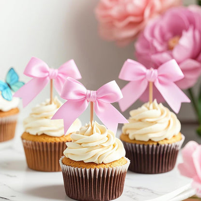 20 Pack Bow Cupcake Toppers Birthday Bowknot Ribbons Coquette Pink Bow High Footed Cup Balloon Wall Party Decorations Bridal Cake Dessert Picks Baby Girl Boy Wedding Party Supplies pink1