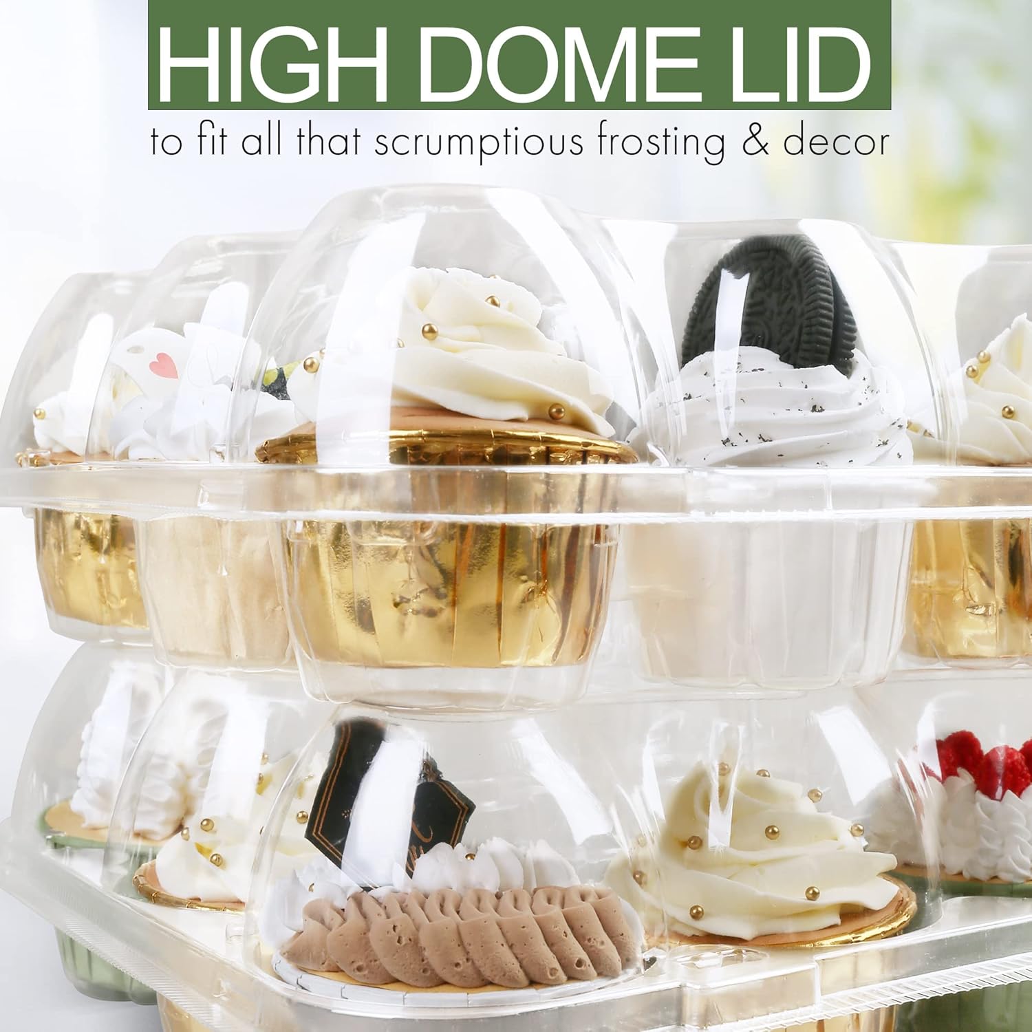 LotFancy Cupcake Containers 12 Count, 12 Sets, Plastic Dozen Cupcake Boxes, Disposable Cupcake Carrier Holder with Detachable Tall Dome Lid, BPA Free, Standard Size
