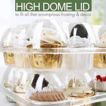 LotFancy Cupcake Containers 12 Count, 12 Sets, Plastic Dozen Cupcake Boxes, Disposable Cupcake Carrier Holder with Detachable Tall Dome Lid, BPA Free, Standard Size