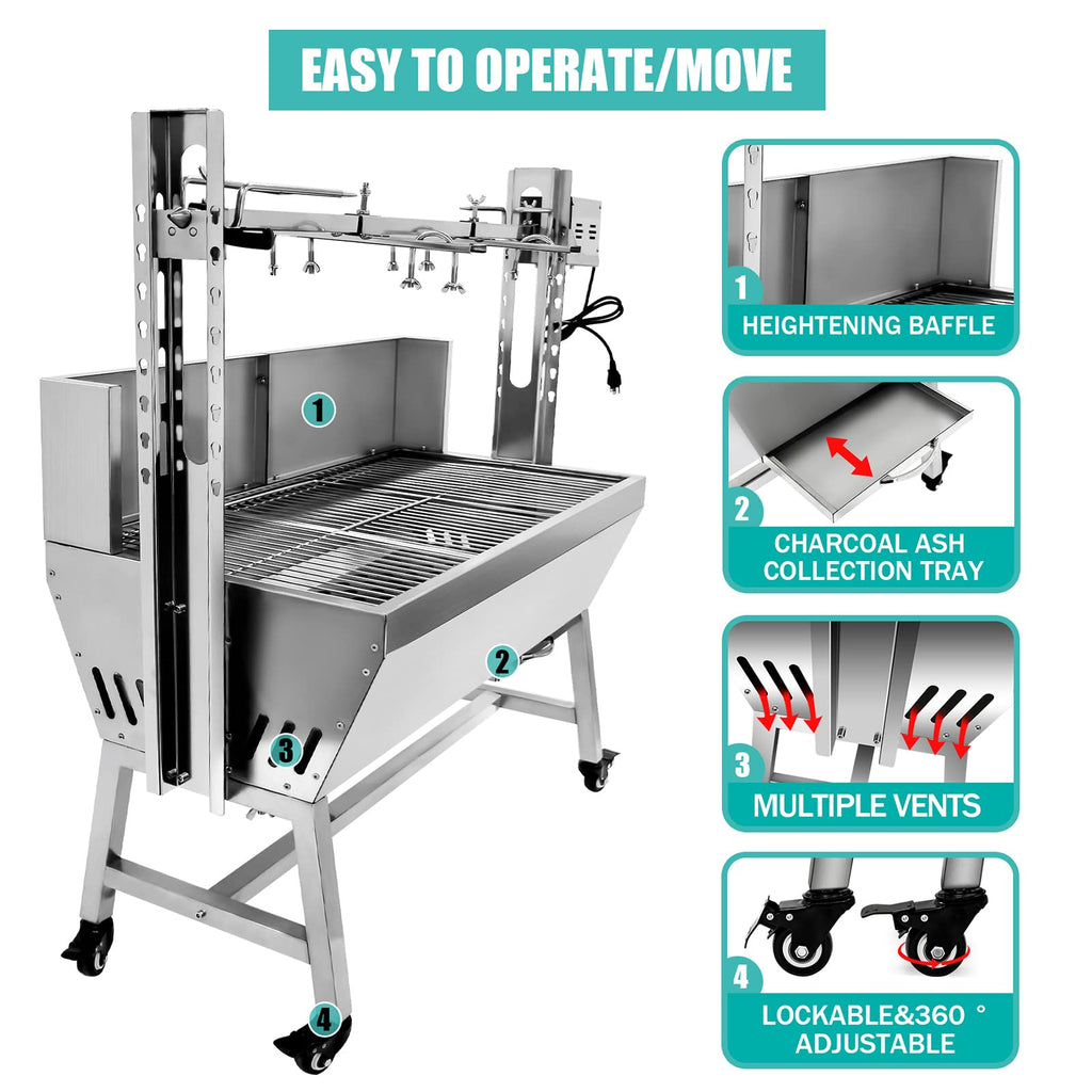 ZZZZS BBQ Rotisserie Grill Roaster Charcoal Roast Machine 132LBS Charcoal Bearing Lamb Spit Roaster Hog Roasting Machine na piknik na świeżym powietrzu Camping Wysokość regulowana, z przegrodą