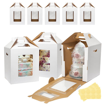 3 Pack Tall Cake Boxes for Tier Cakes 12x12x14 Inch Disposable Layer Tall Baking Carrier with Window Large Tierd Bakery Take Out Transport Containers with Handle for Wedding, Birthday, Party