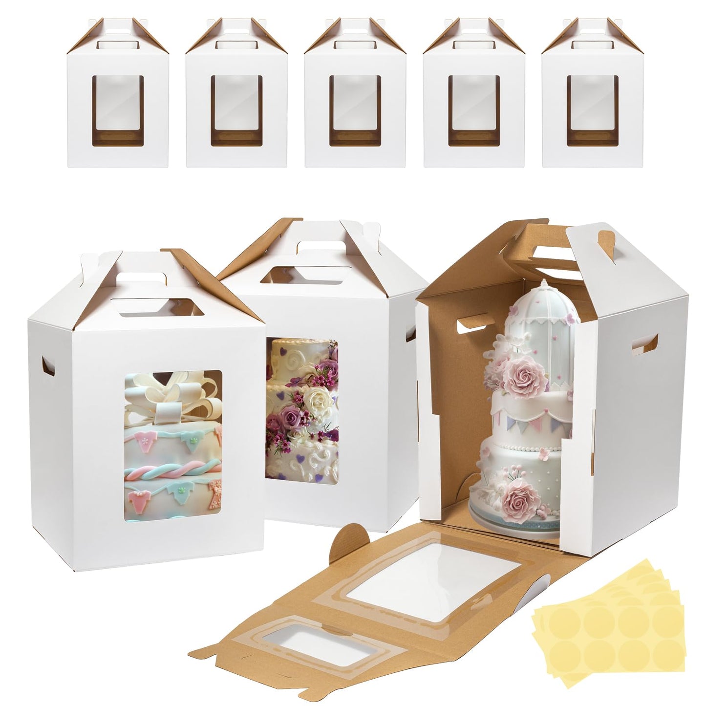 3 Pack Tall Cake Boxes for Tier Cakes 12x12x14 Inch Disposable Layer Tall Baking Carrier with Window Large Tierd Bakery Take Out Transport Containers with Handle for Wedding, Birthday, Party