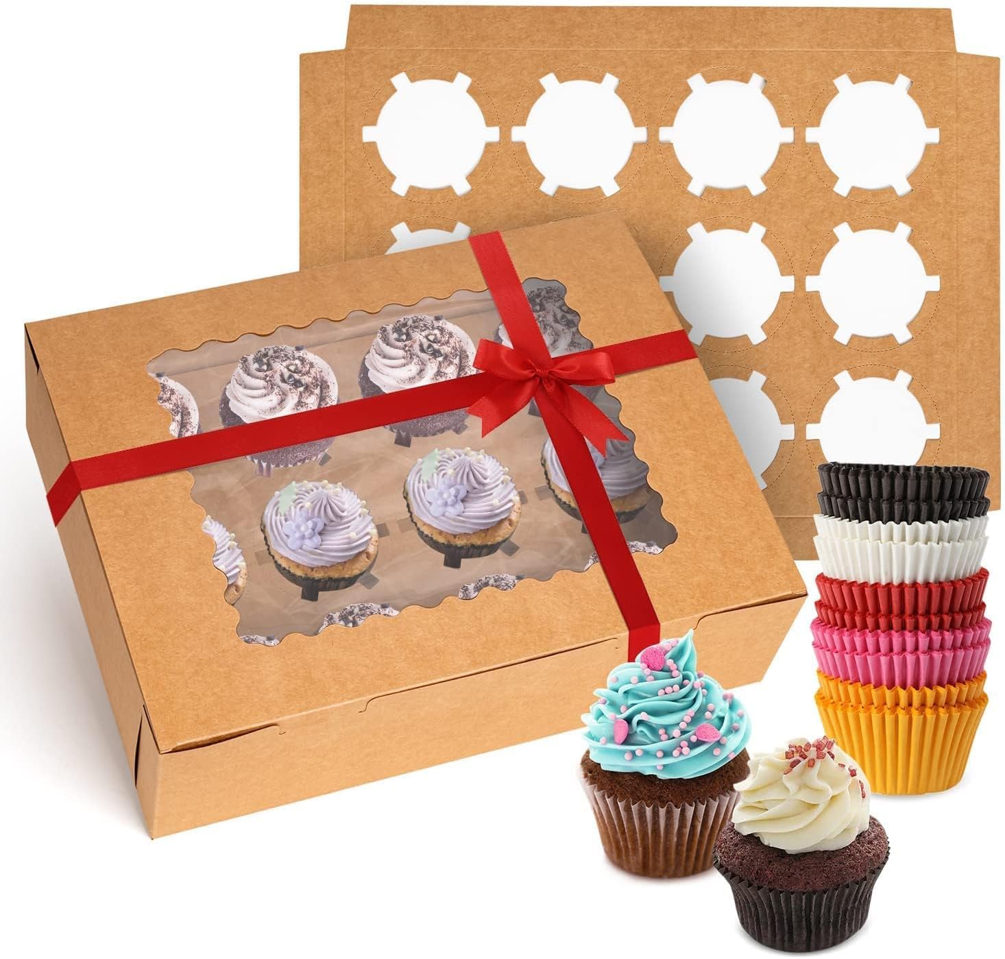 Rarapop 6 Pack Cupcake Boxes Hold 12 Standard Cupcakes, Food Grade Cupcake Holders Bakery Carrier Boxes with Windows and Inserts for Cupcakes, Muffins and Pastries