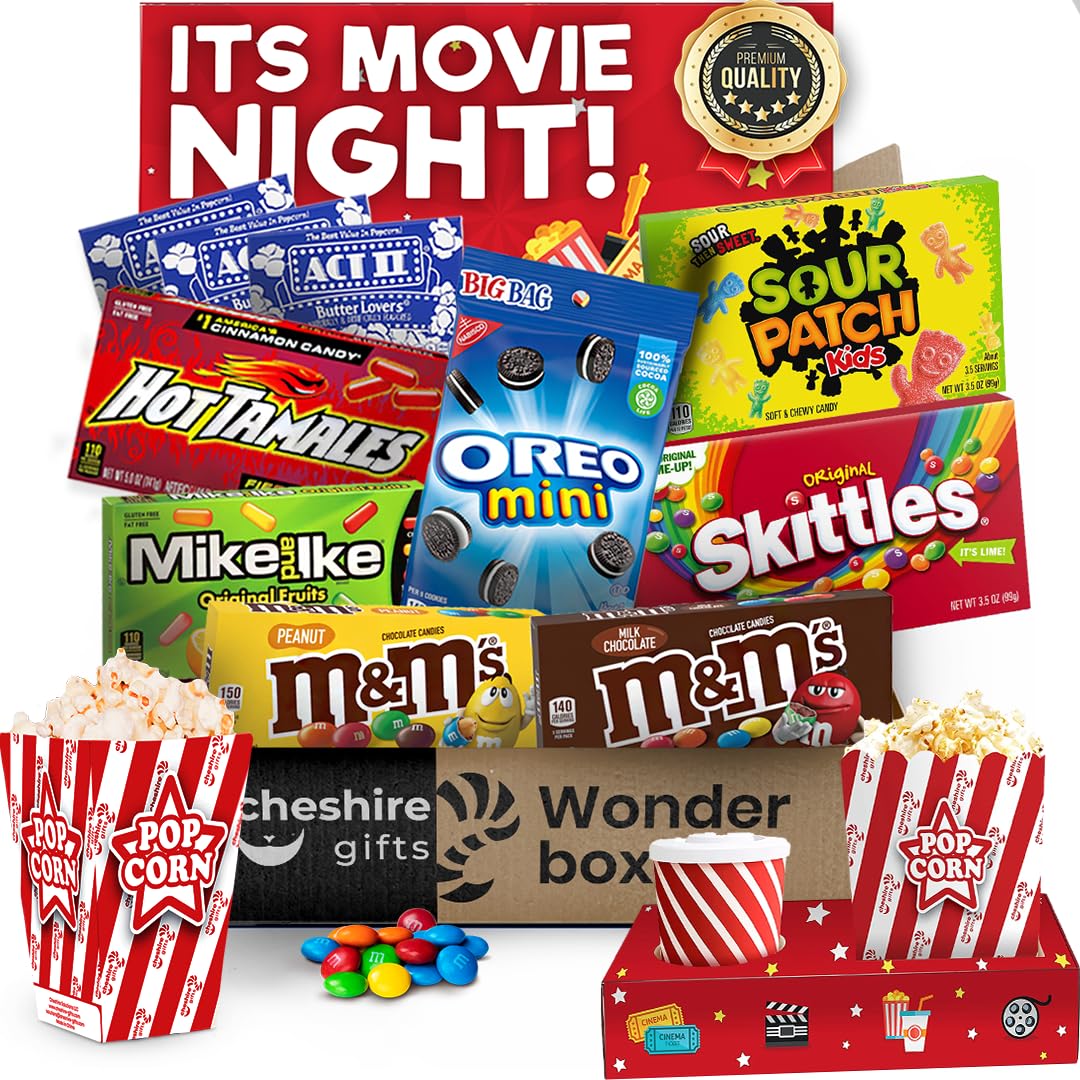 Movie Night Basket Gift Set – with Candy Variety Pack, Movie Trays, Movie, Movie Snacks & Popcorn Gift Set – Gift Baskets For Families by Cheshire Gifts
