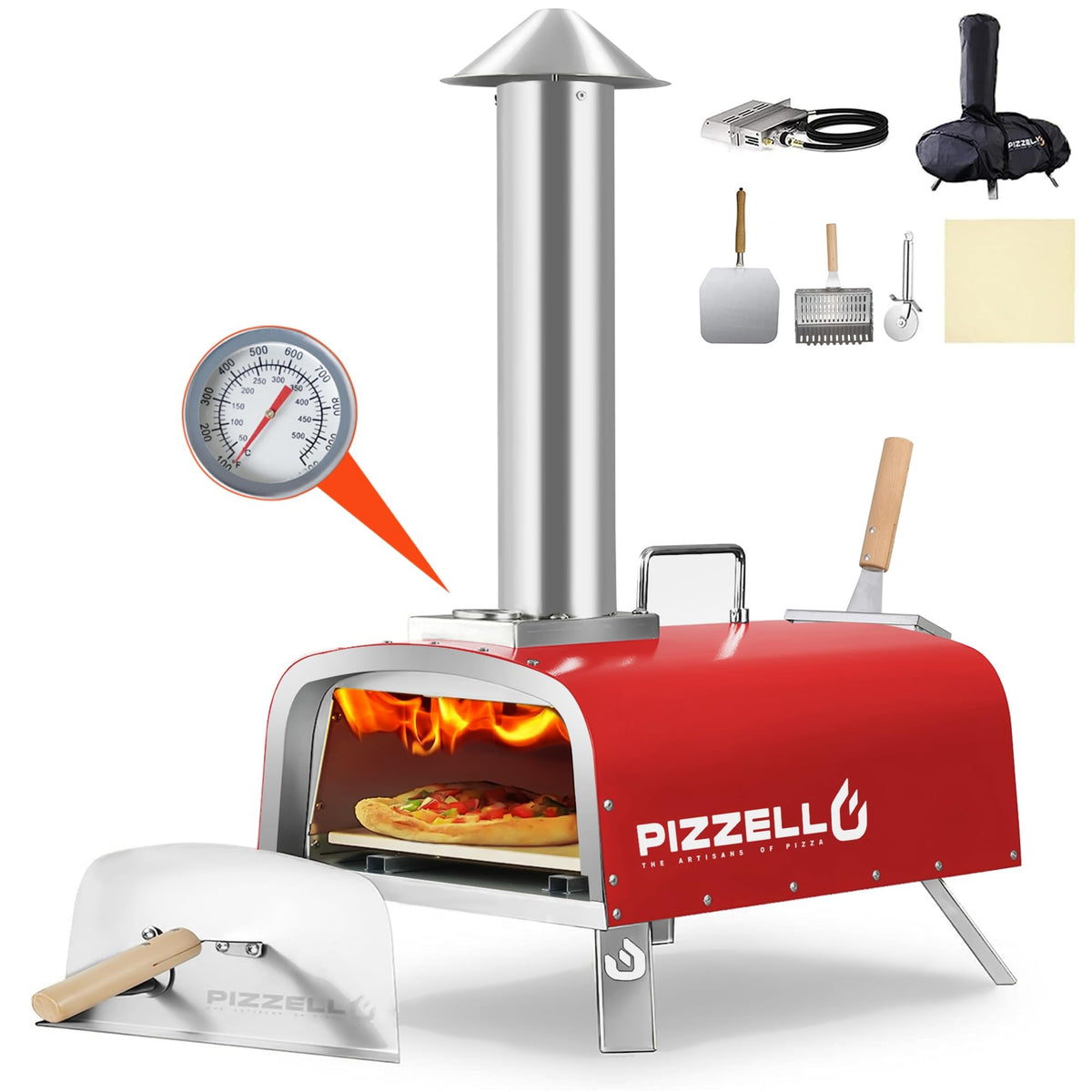 Піч для піци PIZZELLO 12 дюймів, вулична піч на пропані та дровах, багатопаливна піч з газовим пальником, дерев'яним підносом, каменем, лотком для піци, кришкою, газ Forte (червоний)