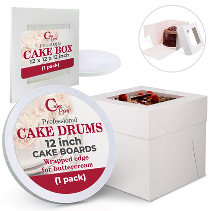 Cakebon Cake Boxes with Boards - 10 Inch Round Cake Drum White (1-pack) - Box With Window for Birthdays, Weddings and Parties
