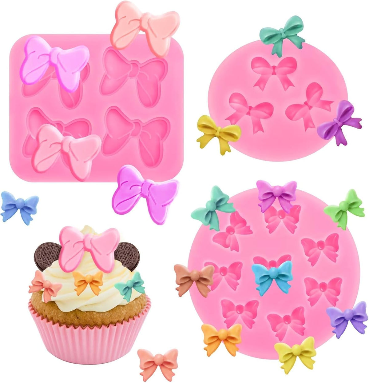 3 Pcs Bow Silicone Mold Fondant Bow Mold Chocolate Candy Cake Pop Molds Bow Molds for Cake Decorating, DIY Desserts, Fondant,Clay