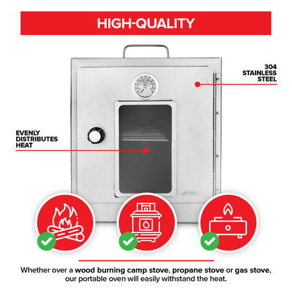 Modern Innovations Portable Camping Oven, Folding Camping Stove for Baking Cinnamon Rolls, Breads, and Muffins, Outdoor Portable Oven for Use with Wood Burning Fire, Propane Stoves, Campers, and More