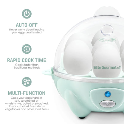 Elite Gourmet Easy Electric 7 Egg Capacity Soft, Medium, Hard-Boiled Cooker Poacher, Scrambled, Omelet Maker with Auto Shut-Off and Buzzer, BPA Free