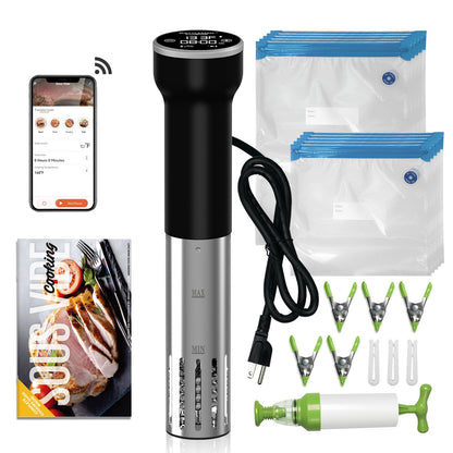 Sous Vide Machine Wi-Fi, Cattleman Cuisine Sous Vide Cooker, Immersion Circulator, Suvee Cooker Kit with 30 Vacuum Bags, Vacuum Pump, Cookbook, Accurate Temperature&Timer, 1000W, IPX7 Waterproof,