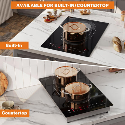 Empava Double/Dual Induction Cooktop 2 Burner, Shatter-proof Flat Glass Top, Bridge-SYNC, 3 Preset Modes, Bulit-in/Countertop, 110~120 Volt Plug in Electric Stove for Kitchen, RV, Outdoor Camping