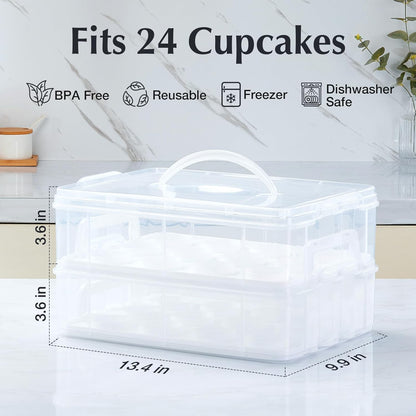 Plastic Cupcake Carrier 24 Count, 2-Layer Cupcake Holder Carries with Lid & Handles, Cookie, Cake, Cupcake and Brownie Storage Carrier, Reusable Cupcake Box