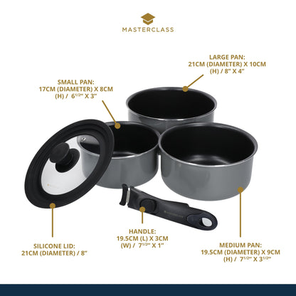 MasterClass Smart Space Non-Stick Induction-Safe Stacking Saucepans with Removable Handle and Universal Lid (5-Piece Set), 21 x 21 x 14 cm, Grey, 5 Count