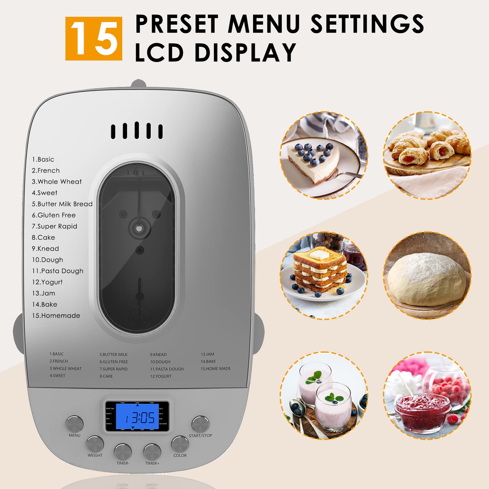 Patioer 3LB Bread Maker Machine Automatyczna maszyna do pieczenia chleba z podwójnymi mieszadłami 15 w 1 Maszyna do pieczenia chleba z ustawieniem bezglutenowym, 3 rozmiary bochenków 3 kolory skórki, nieprzywierająca blacha do pieczenia, biała