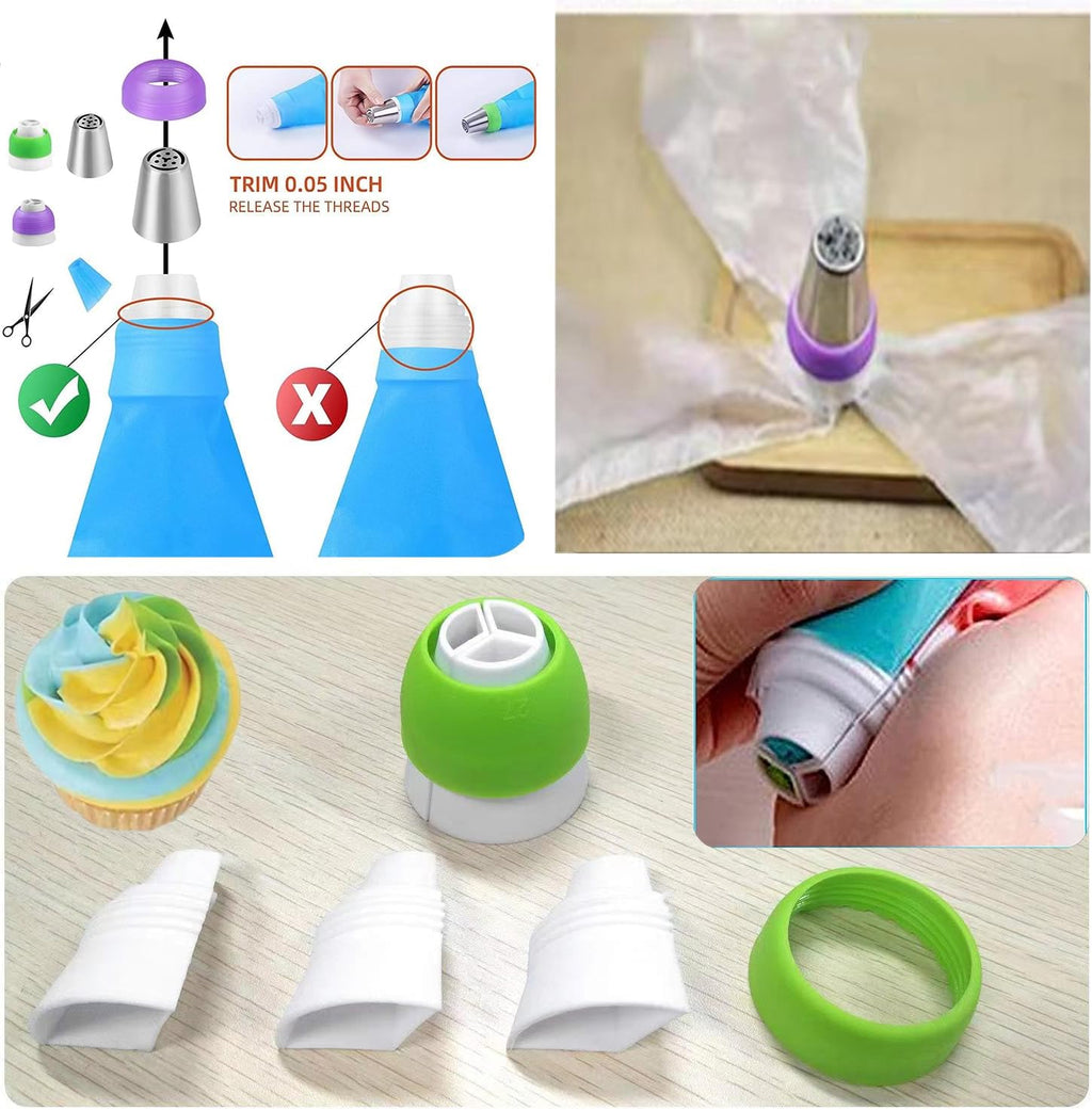 28 Pcs Russian Piping Tips Set, Frosting Nozzle Kit, Baking Supplies for Cookie Cupcake (12 Icing Tips 10 Pastry Baking Bags 2 Leaf Piping Tips 2 Couplers 1 Silicone Bag 1 cleaning brush)