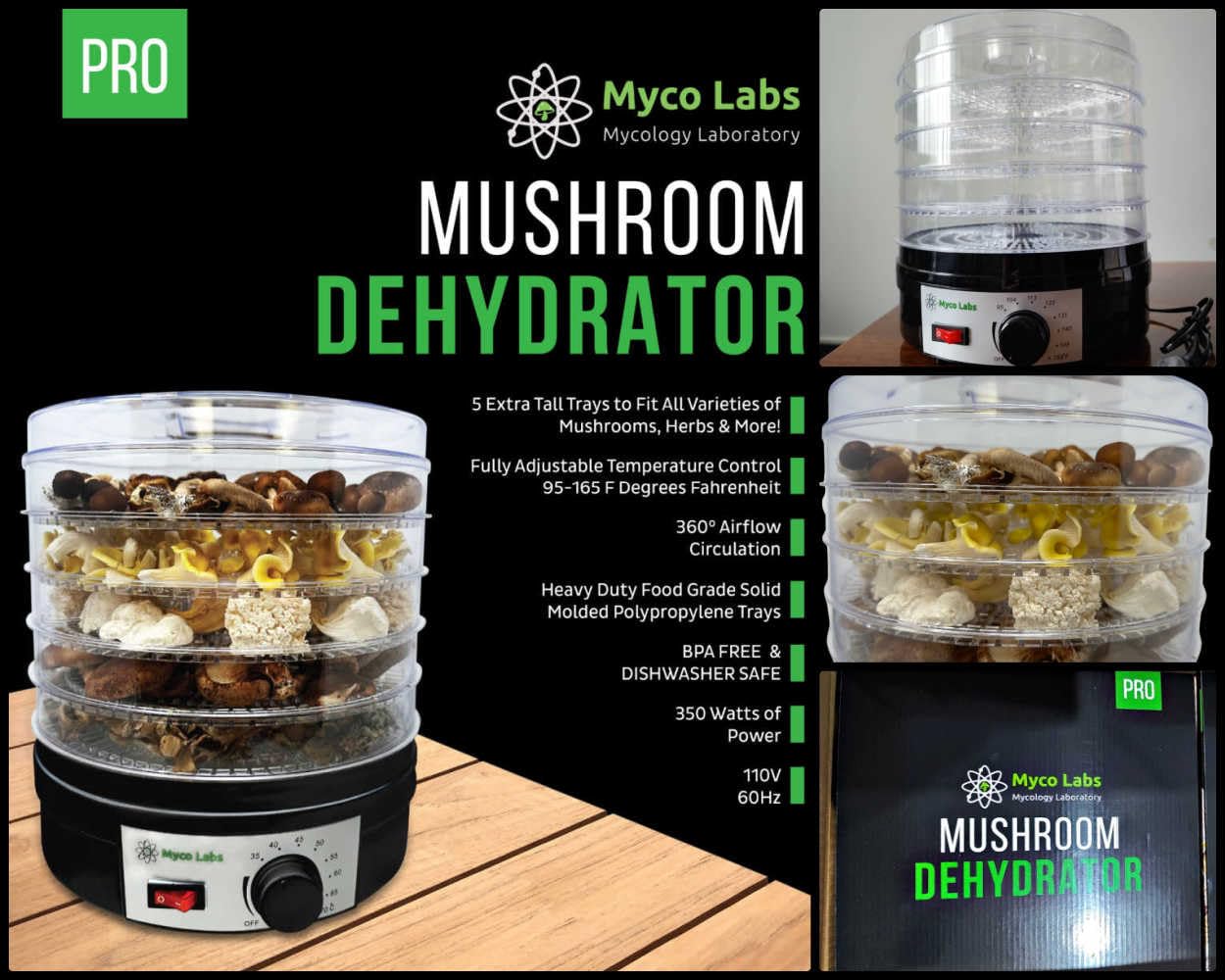 Myco Labs 350 Watt Mushroom Dehydrator with Adjustable Temperature Control and Extra Tall Trays