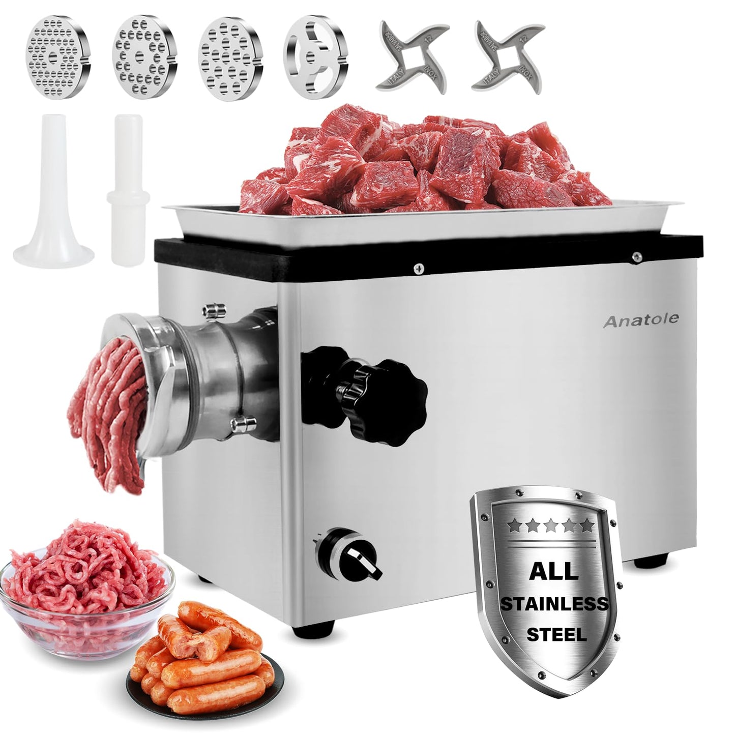 Anatole Commercial Electric Meat Grinder 1.5 HP 1100 W All Stainless Steel Meat Bones Mincer Heavy Duty Sausage Stuffer with 4 Grinding Plate 2 Blades for Restaurant Hotel 110V