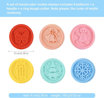 Cookie Stamp-a Set of 6 Colorful Silicone Cookie Stamp Press, Ring Cutter and Handle for Christmas and Daily Baking