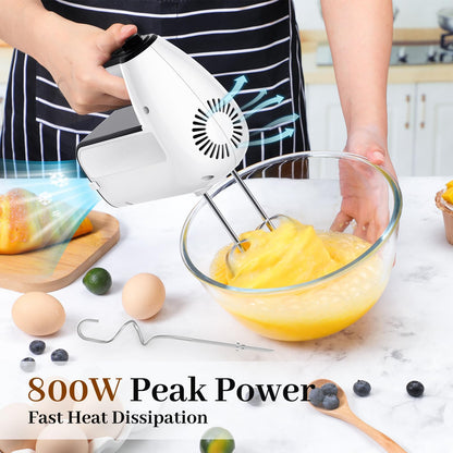 5-Speed Electric Hand Mixer, 800W Handheld Mixer with Turbo for Baking & Cooking, Kitchen Food Mixer with Storage Case & 5 Stainless Steel Attachments (2 Beaters, 2 Dough Hooks, 2 Whisks)-White